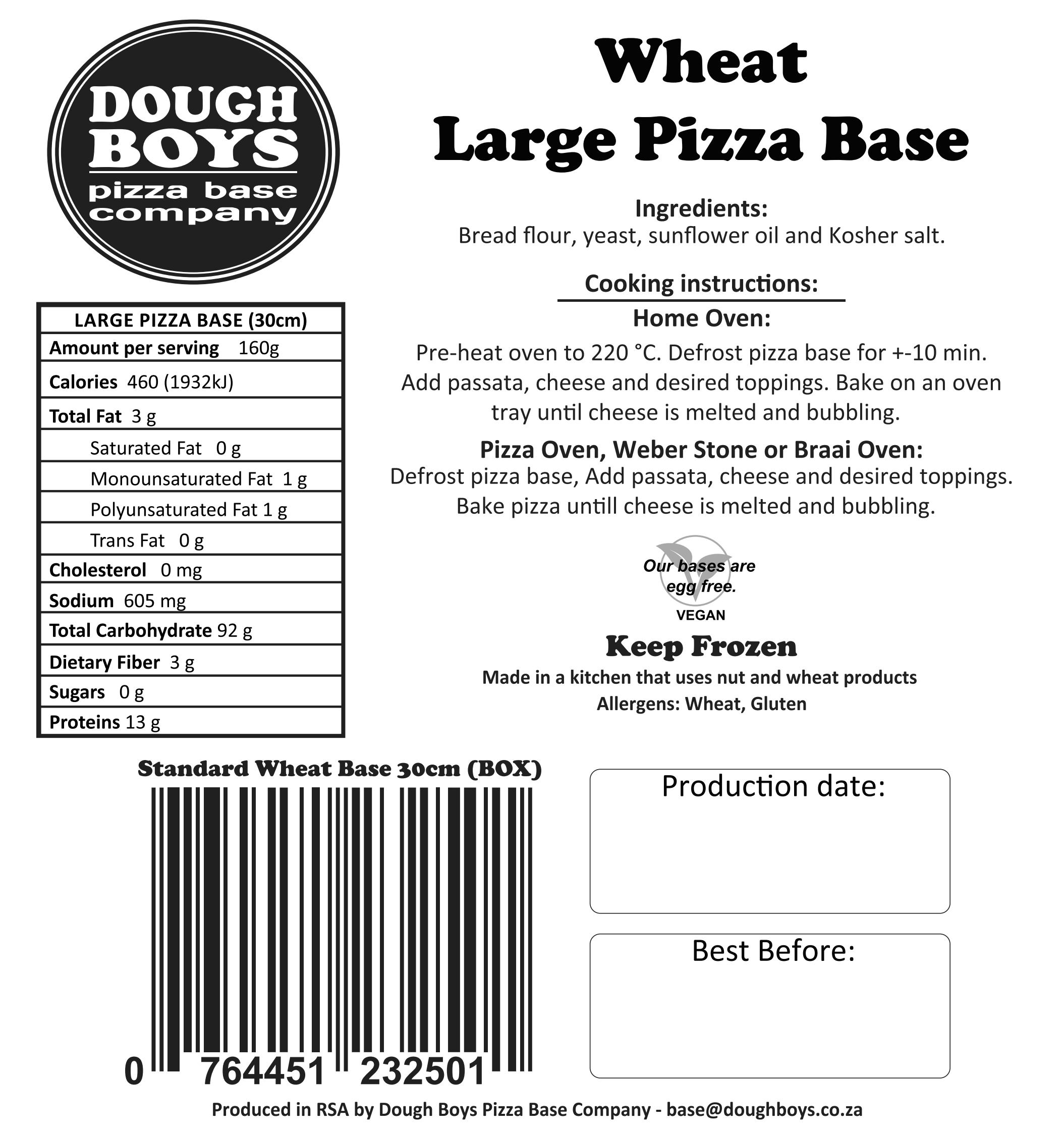 Standard Wheat Pizza Bases packaging label with cooking instructions and nutritional information
