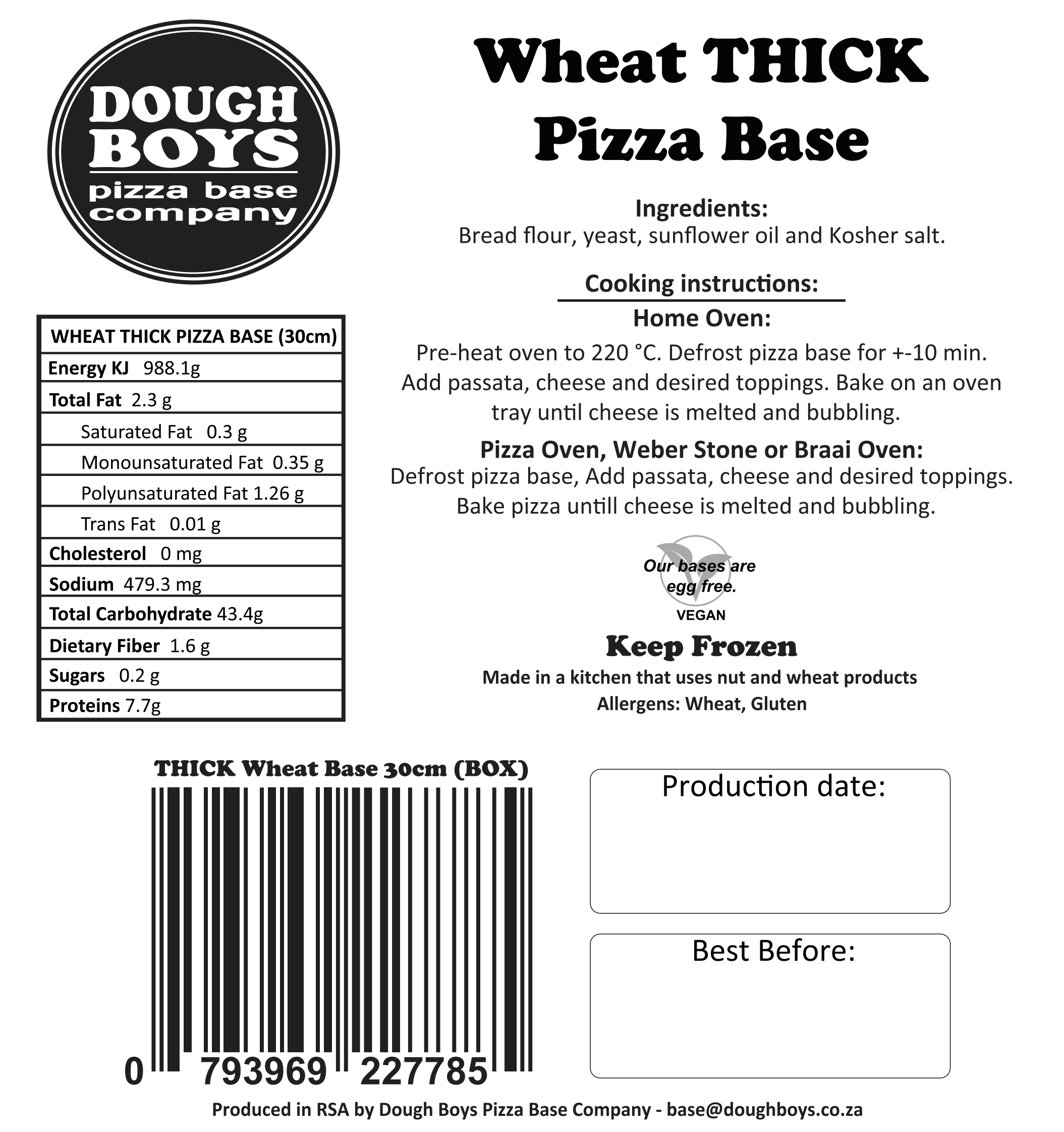 Standard Wheat Pizza Bases packaging label with cooking instructions and nutritional information