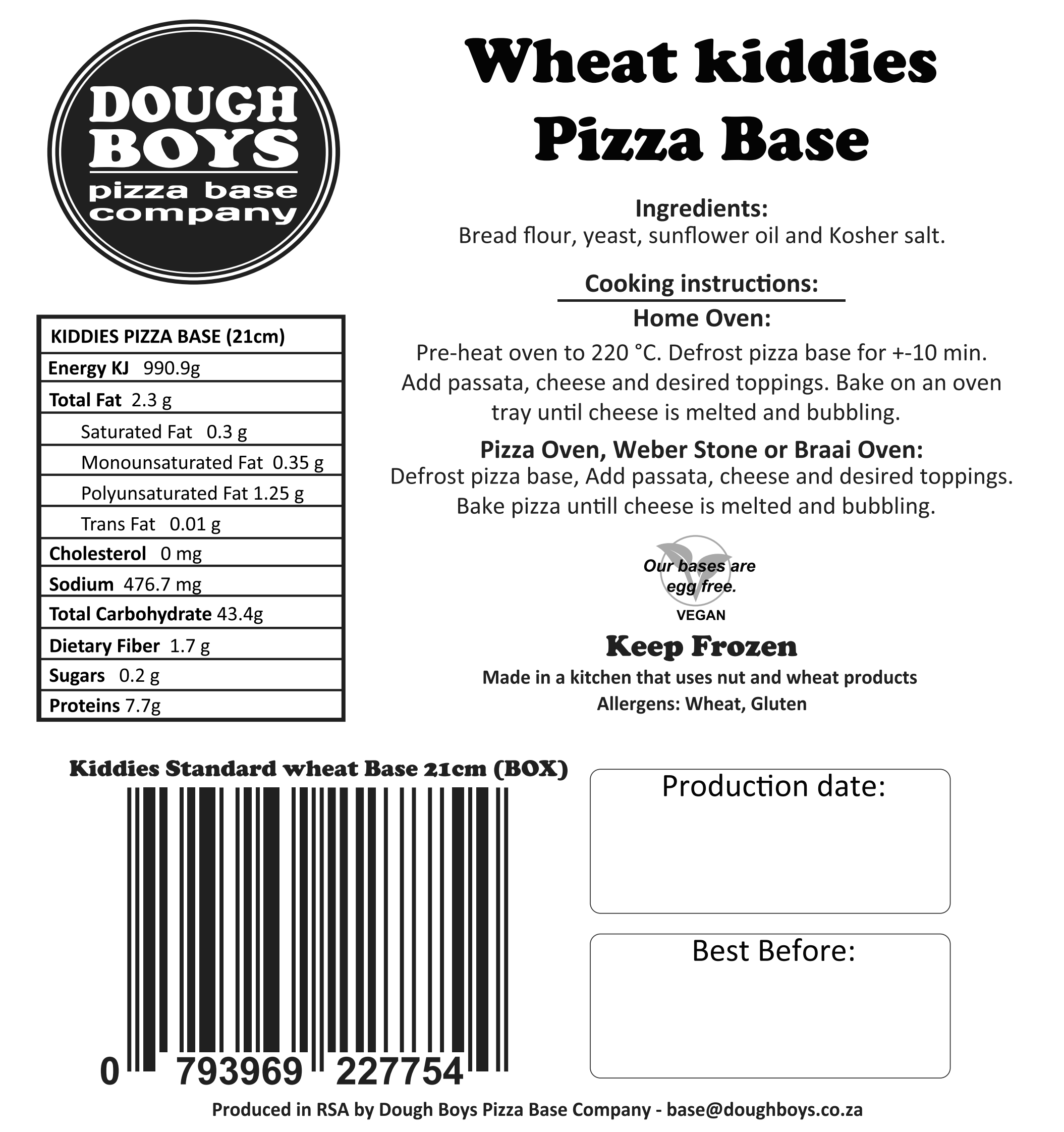 Standard Wheat Pizza Bases packaging label with cooking instructions and nutritional information