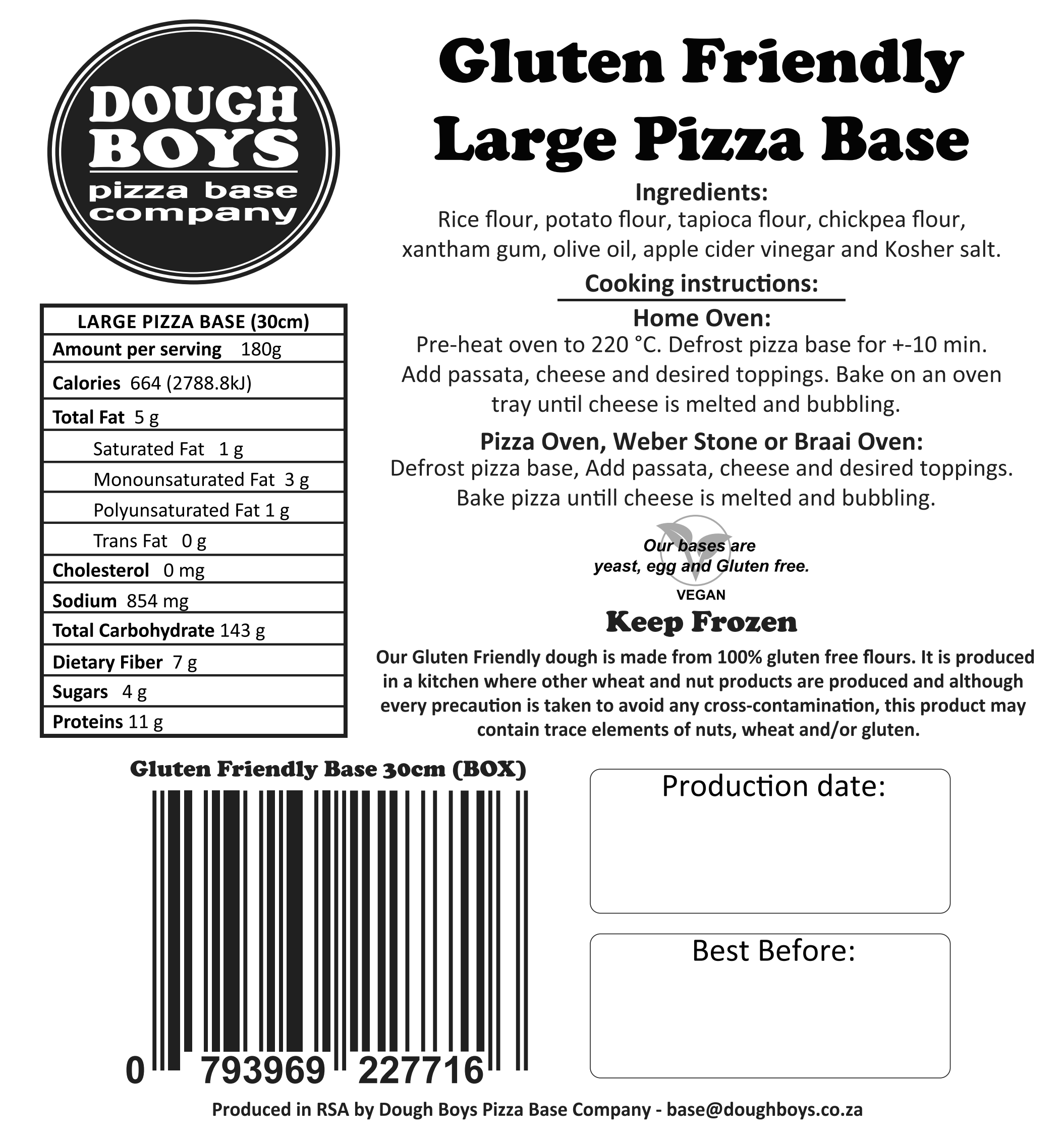 Gluten Friendly Pizza Bases packaging label with cooking instructions and nutritional information