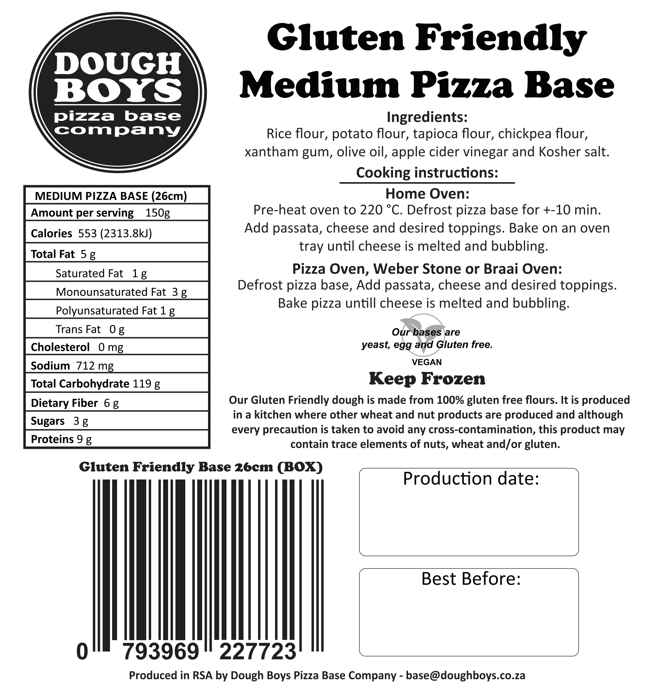Gluten Friendly Pizza Bases packaging label with cooking instructions and nutritional information
