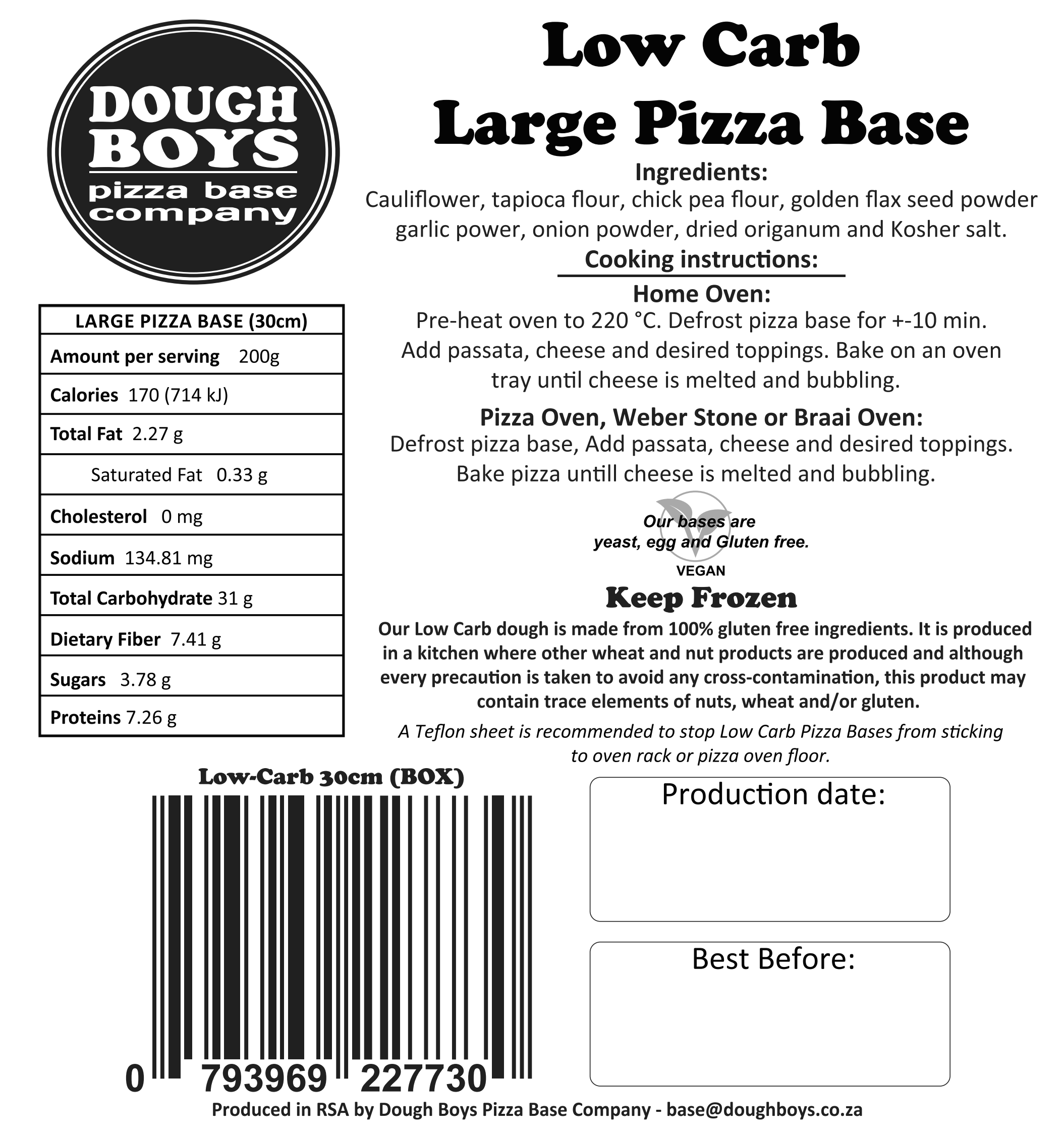 Low Carb Cauliflower Pizza Bases packaging label with cooking instructions and nutritional information