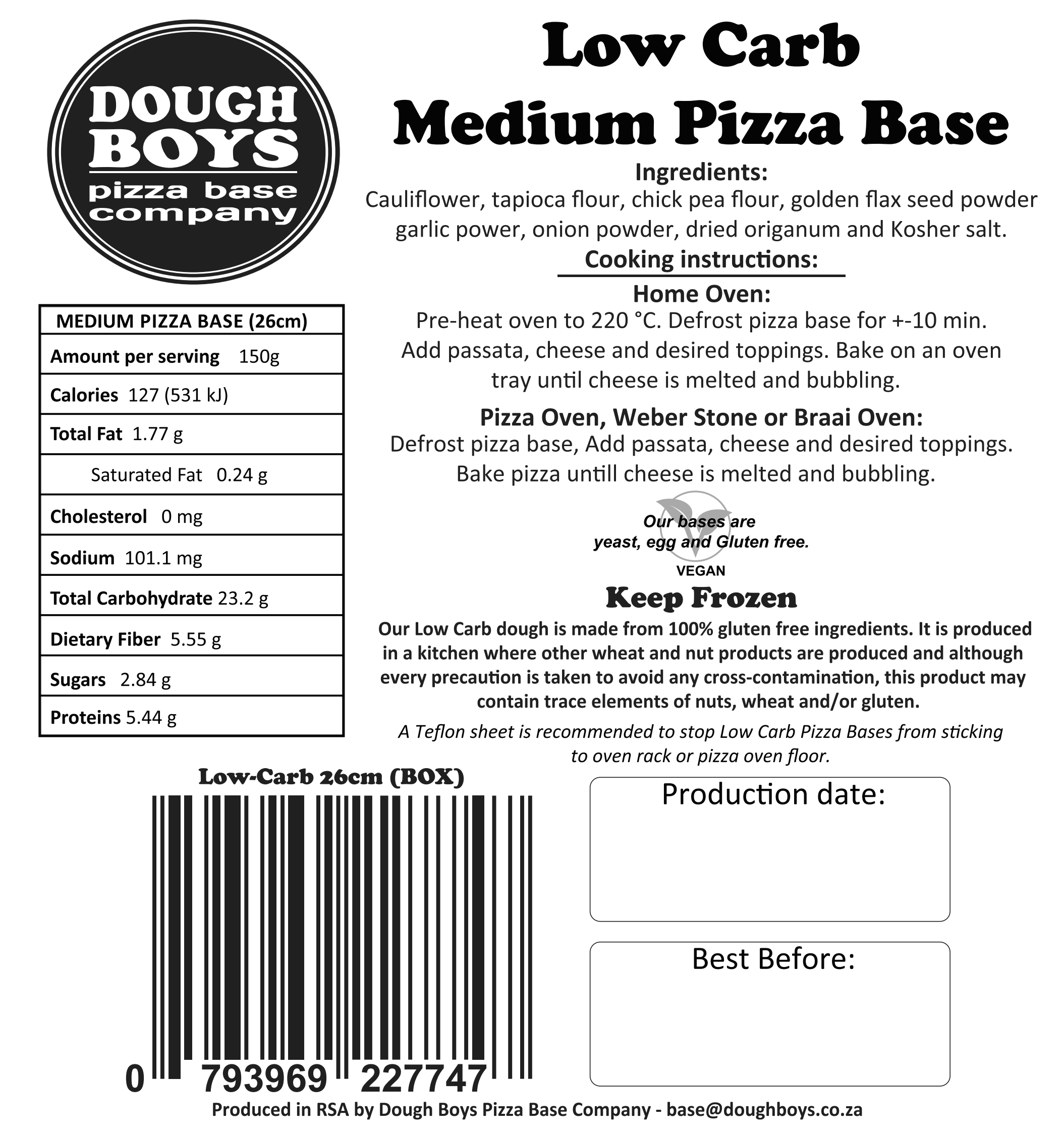 Low Carb Cauliflower Pizza Bases packaging label with cooking instructions and nutritional information
