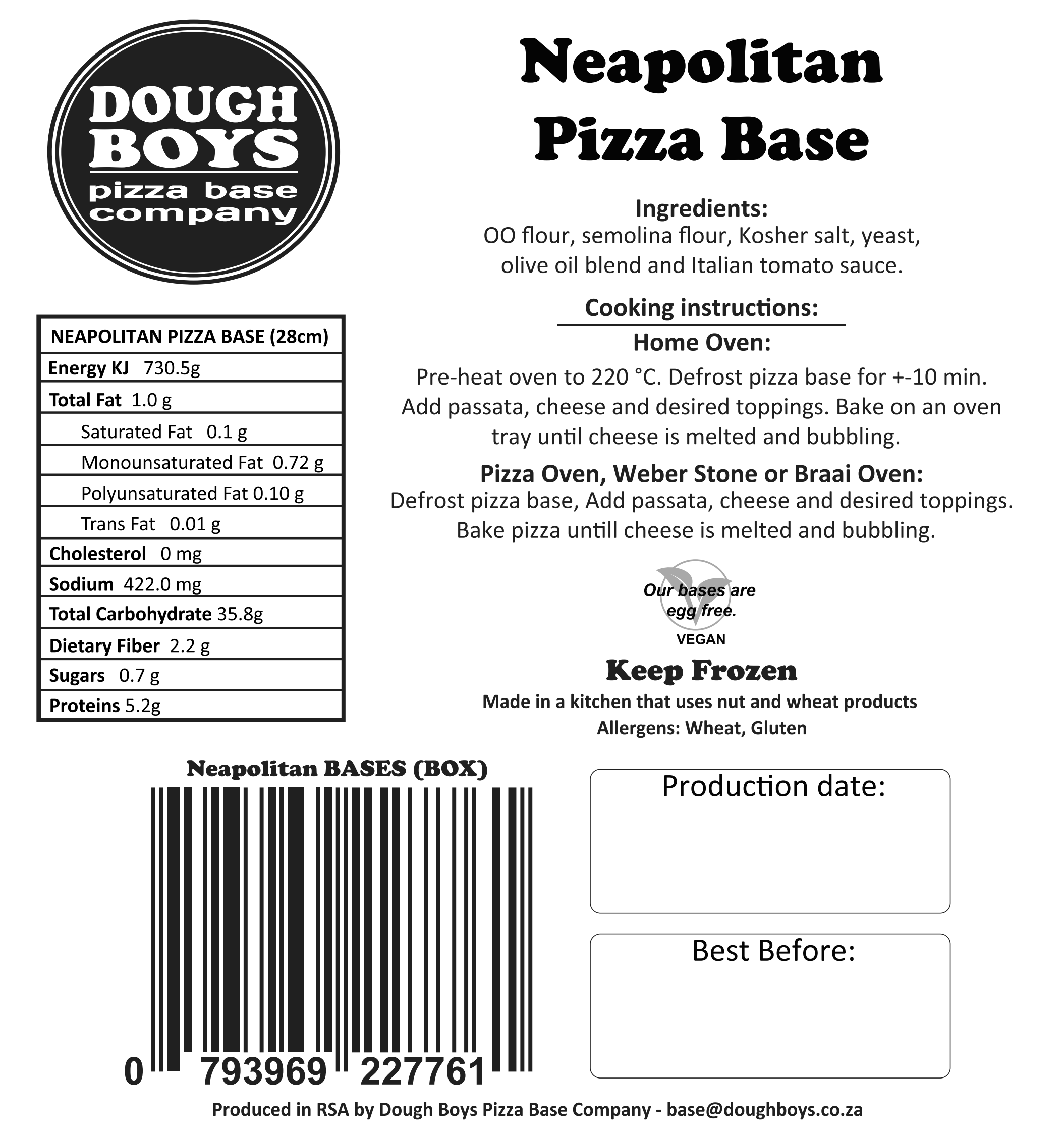 Neapolitan Pizza packaging label with cooking instructions and nutritional information
